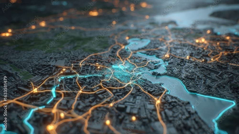 Detailed Aerial Map of a City With Illuminated Roads and Waterways ...