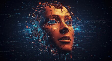 Artificial intelligence face disintegration, a digital transformation concept art