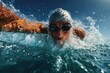 © Pavel - Athletic young male triathlete performs freestyle swimming in open water under bright blue sky during early morning training session
