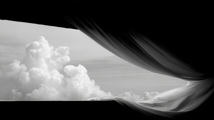 Wall Mural - clouds seen through a window covered by sheer curtains.