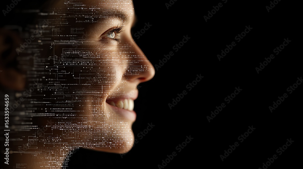 Smile woman side view using computer coding AI-based personal health ...
