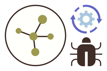 abstract network diagram, gear with circular arrows, and bug icon. ideal for technology, cybersecuri