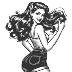 Wall Mural - cheerful pin-up girl in high-waisted shorts, playfully flipping her long wavy hair sketch engraving 