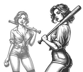 Wall Mural - pin-up girl with tied shirt and bat over shoulders sketch engraving generative ai fictional characte