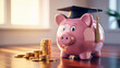 © Sarfraz - Clever piggy bank wearing graduation cap saves money for college tuition and student success