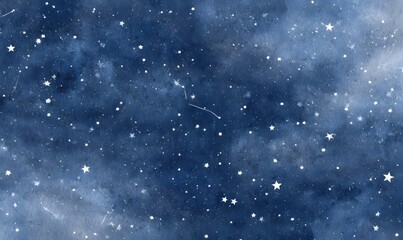 Wall Mural - a dark navy blue background with white stars and constellations, a vintage look, painted on paper wi