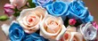 © Views & Backgrounds - Close-up of vibrant white and blue rose bouquet  Artificial blossoms, elegant Valentine's/wedding backdrop, detail, elegant
