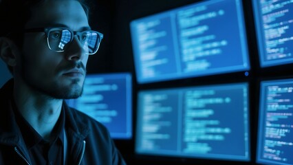 Man coding software developer programmer cybersecurity it specialist working on computer