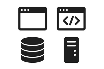 Solid black website technology icons set. Browser window, coding brackets, database stack, and server tower symbols. Web development, programming, hosting, backend infrastructure vector illustration