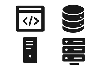 Solid filled web icons set, website function symbols, server database stack, coding browser window, hosting tower, development interface, network management, data storage vector transparent background