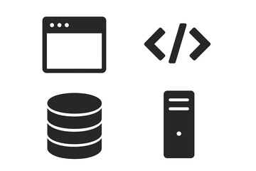 solid black web development icons set, browser window, code brackets, database stack, server tower, 