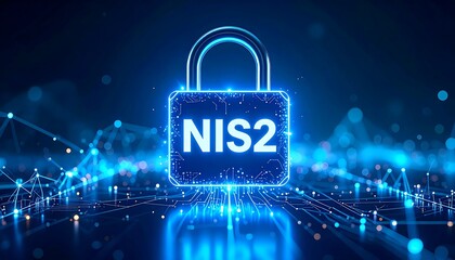 Glowing padlock with NIS2 inscribed, set against an abstract digital backdrop