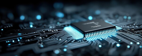 Wall Mural - glowing electronic microchip on a futuristic circuit board background