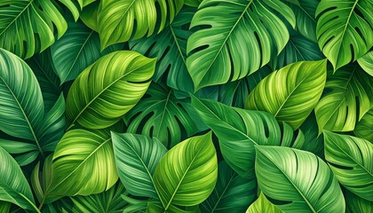 Lush tropical leaves with rich green tones, overlapping in a seamless abstract pattern. Detailed natural texture with soft shadows and depth