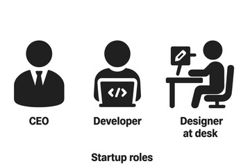 Startup team roles icons set. Business CEO leadership, developer programmer with laptop, designer at work desk. Flat solid vector people figures. Tech staff positions in modern companies