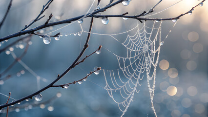 Frozen raindrops on spider web and branches dew drops