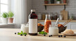 © Nunung - A bright kitchen scene featuring various fermented foods like kimchi, yogurt, and kombucha, arranged on a wooden countertop with blueberries and mint.