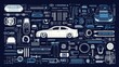 © maxbarbosac - Seamless pattern of car parts, gears, and tools in blueprint style on dark background