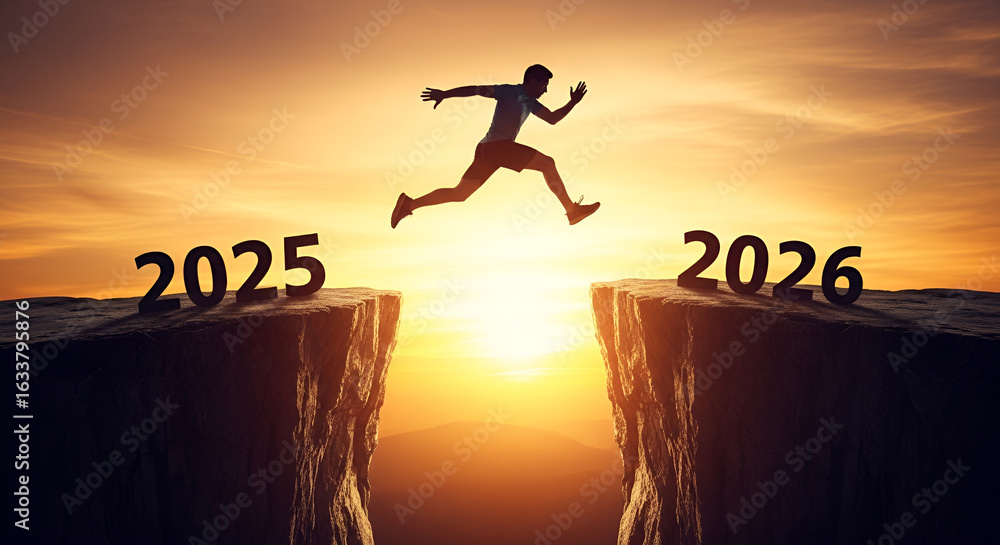 Man Jumping from 2025 to 2026 over Cliffs at Sunset Symbolizing New ...