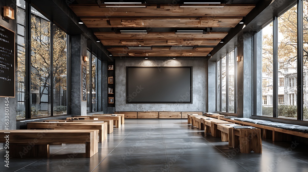 Neatly arranged university lecture hall interior with blank wall and ...
