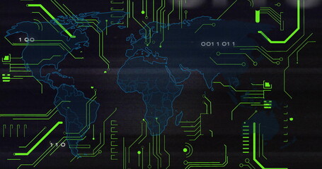 Wall Mural - displaying blue wireframe world map on virtual interface linking neon green circuits, binary digits
