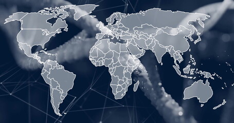 Wall Mural - displaying white map outline on digital interface, with blurred ropes, glowing network lines, nodes