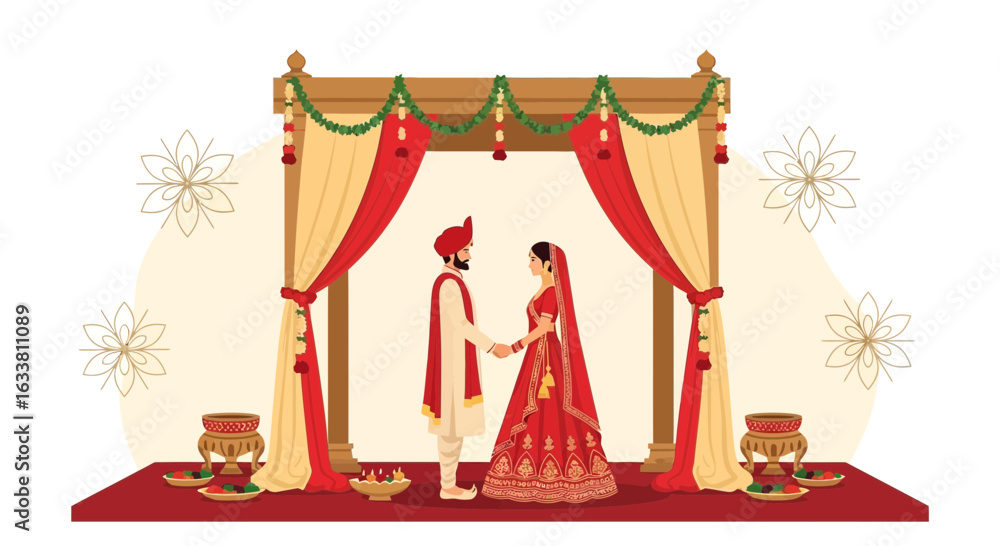 Elegant Indian Wedding Scene With Decorated Mandap And Couple Holding ...