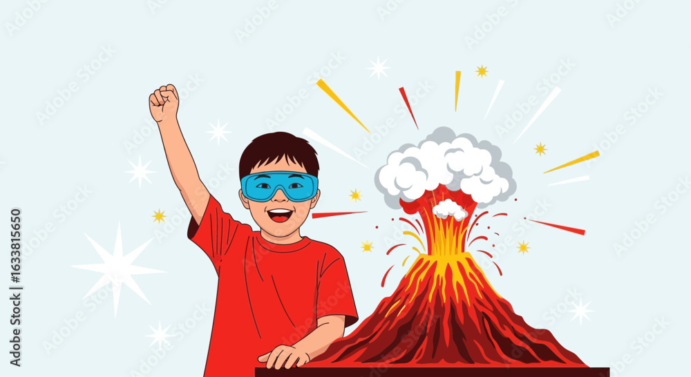Excited Young Scientist Celebrating Erupting Volcano Experiment In ...