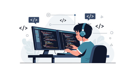 Focused Programmer Developing Software Code On Dual Screen Setup With Headphones