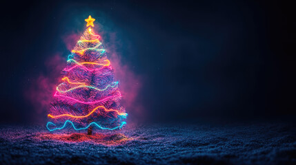 Wall Mural - futuristic neon christmas tree on glowing background with empty space for text or product display, p