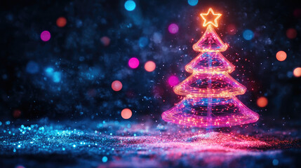 Wall Mural - futuristic neon christmas tree on glowing background with empty space for text or product display, p