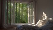 © Subin - A serene bedroom with an open window, revealing lush green trees outside, inviting natural light and tranquility.