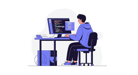 Coder Facing Challenge Solving Complex Problems Using Computer Code On The Screen