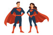 © Clara - Dynamic male and female superhero couple standing side by side in matching blue and red costumes with capes, power pose, teamwork, partnership, equality, modern comic book style illustration