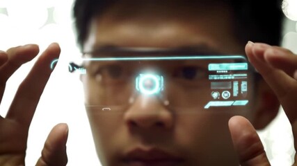 Man using futuristic augmented reality glasses with digital interface display