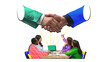 © master1305 - Creative collage of diverse team presenting to laptop under handshake symbolizing business alignment. Concept of corporate collaboration, hybrid teamwork, SaaS integration, HR onboarding visuals.