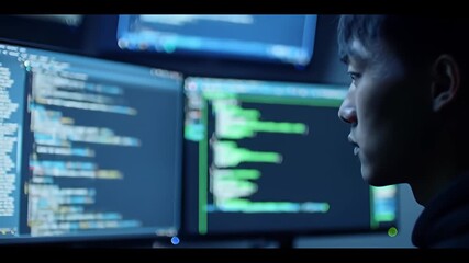 A person is coding on multiple monitors in a dark room, illuminated by screens
