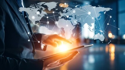 Person using tablet to display digital world map with connected nodes