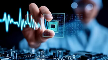 Hand microchip circuit board technology digital futuristic electronic innovation data hardware microprocessor connection network interface close up blue glowing science computer component engineer
