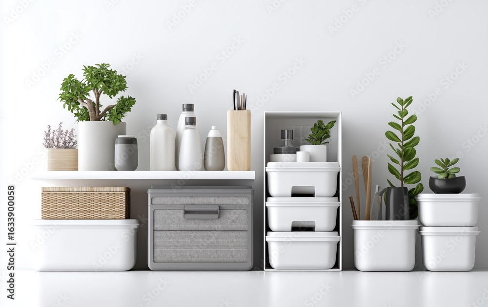 Collection Container White Base A collection of minimalist white and grey storage containers, boxes ...