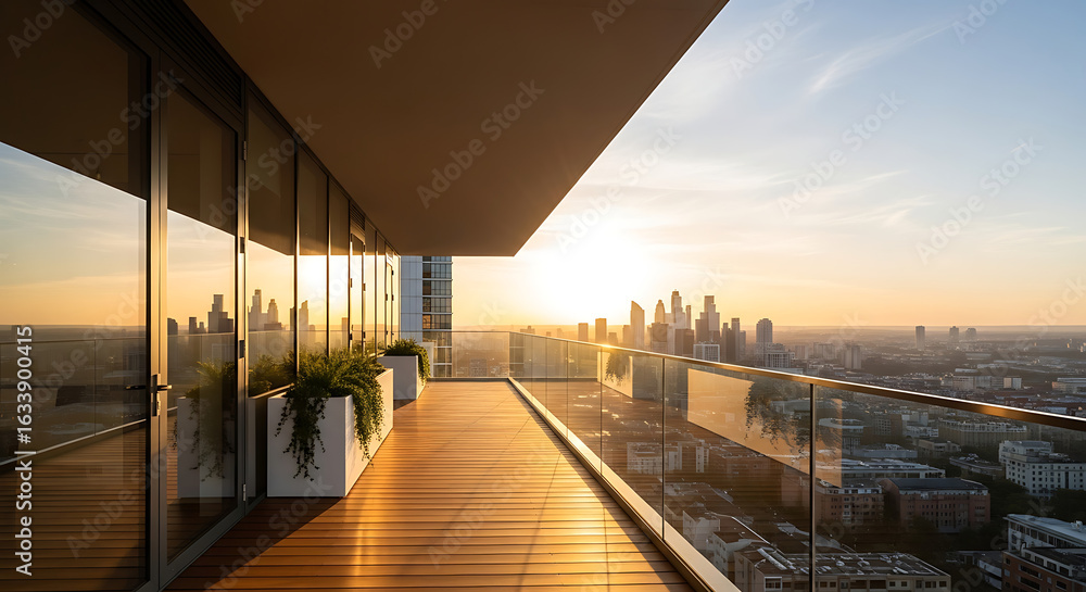Luxurious penthouse balcony with a panoramic city view at golden hour ...