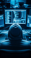 Wall Mural - hooded figure seated before multiple computer screens displaying lines of code, suggesting cybersecu