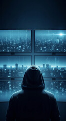 Wall Mural - hooded figure observes a nighttime city displayed on multiple screens, symbolizing cybersecurity, su