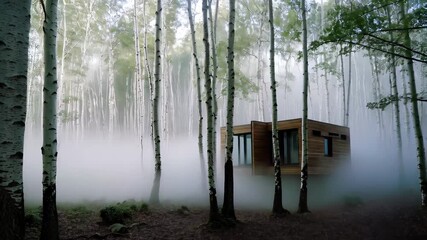 Wall Mural - soft ground fog enveloping rustic wooden cabin surrounded by white birch trees, generating ethereal 