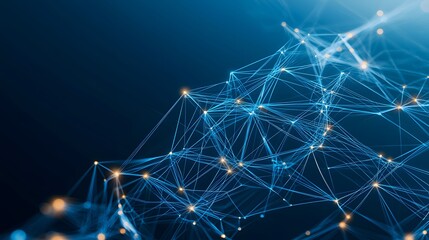 Wall Mural - the image shows a network of interconnected light blue lines and warm orange dots against a dark blu