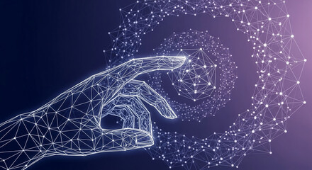 Wall Mural - wireframe hand interacting with digital network, swirling nodes and connections create a futuristic 