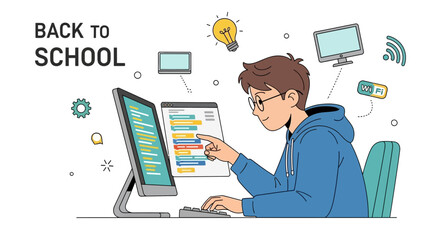 Student Coding Back to School, Studying Online with Computers and Wifi Illustration