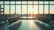 © retbool - Empty waiting room with benches at the airport with a view of the runway, airport waiting area with large windows at dawn, generative ai