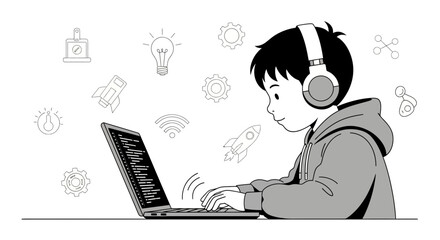 Young Coder Engaged In Programming Surrounded By Tech Related Graphics