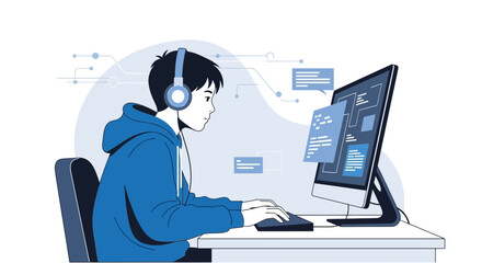 Young Programmer Concentrated On The Computer Screen While Wearing Headphones